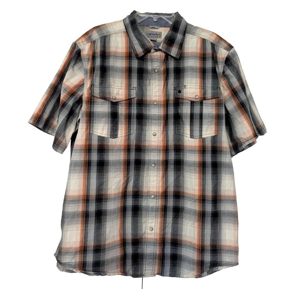 Carhartt Bozeman Pearl Snap Short Sleeve Shirt Mens XL Relaxed Fit Orange Plaid